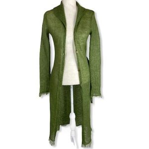 Mohair green button front long fringe cardigan